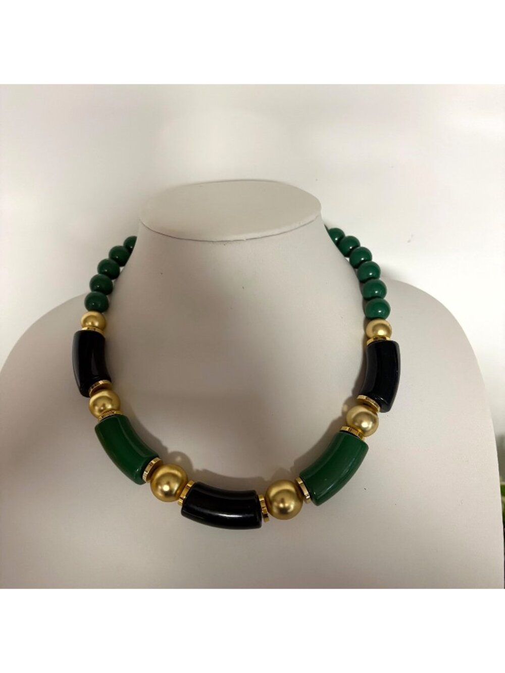 Vintage Green Gold Tone Beaded Statement Necklace Chunky Asian Inspired Retro